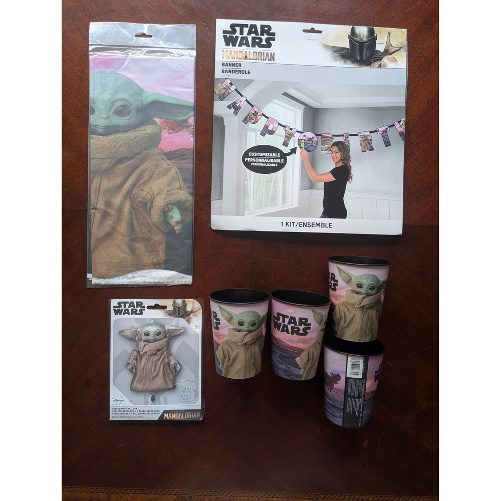 Star Wars Mandalorian Grogu Party Supplies Bundle Banner Balloon Cups TableCover